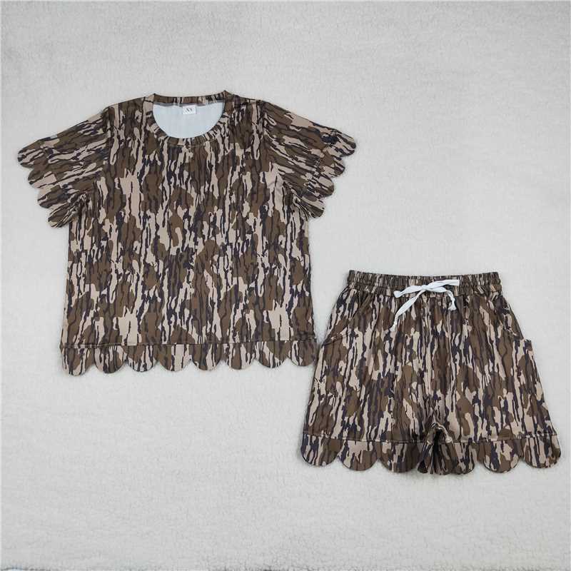 RTS NO MOQ Sibling Adult Women's Short Sleeve Shirt Top with Pockets Short Scallop Clothes Set