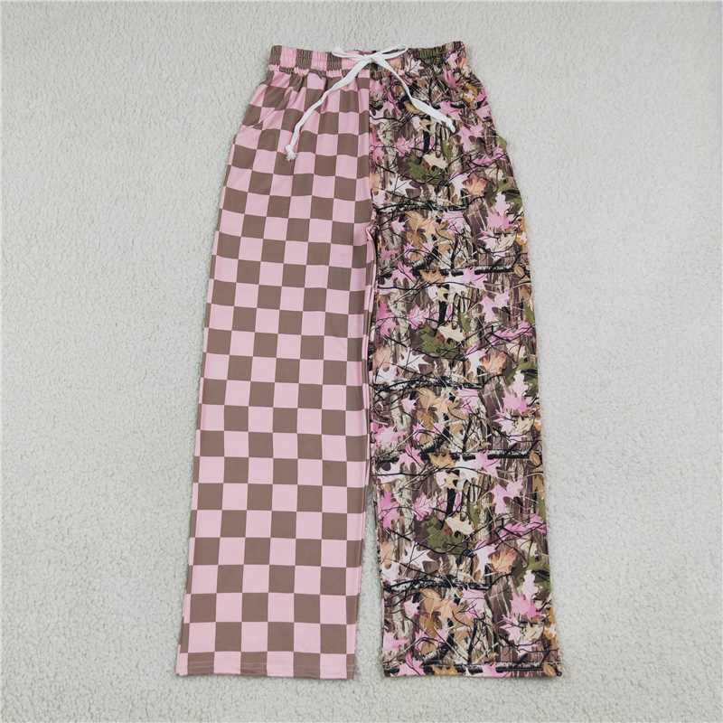 RTS NO MOQ Sibling cotton Adult To Match Kids High Neck Light Pink Mock Neck Long Sleeve Top Wide Leg Pants Set Camo Pant