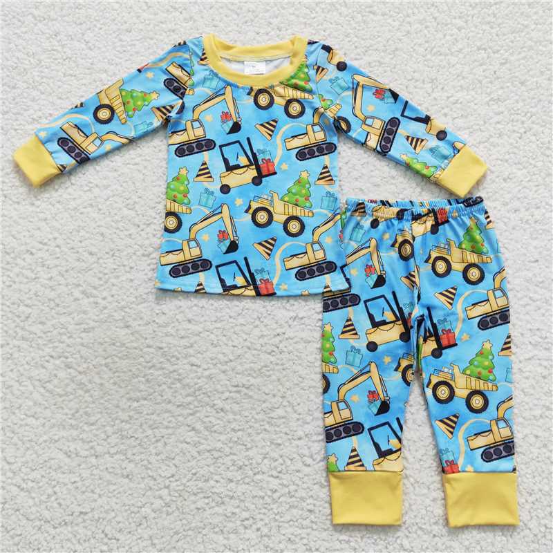 RTS NO MOQ BLP0309 LR0492 BLP0243  Yellow excavator pattern blue long-sleeved suit & romper
