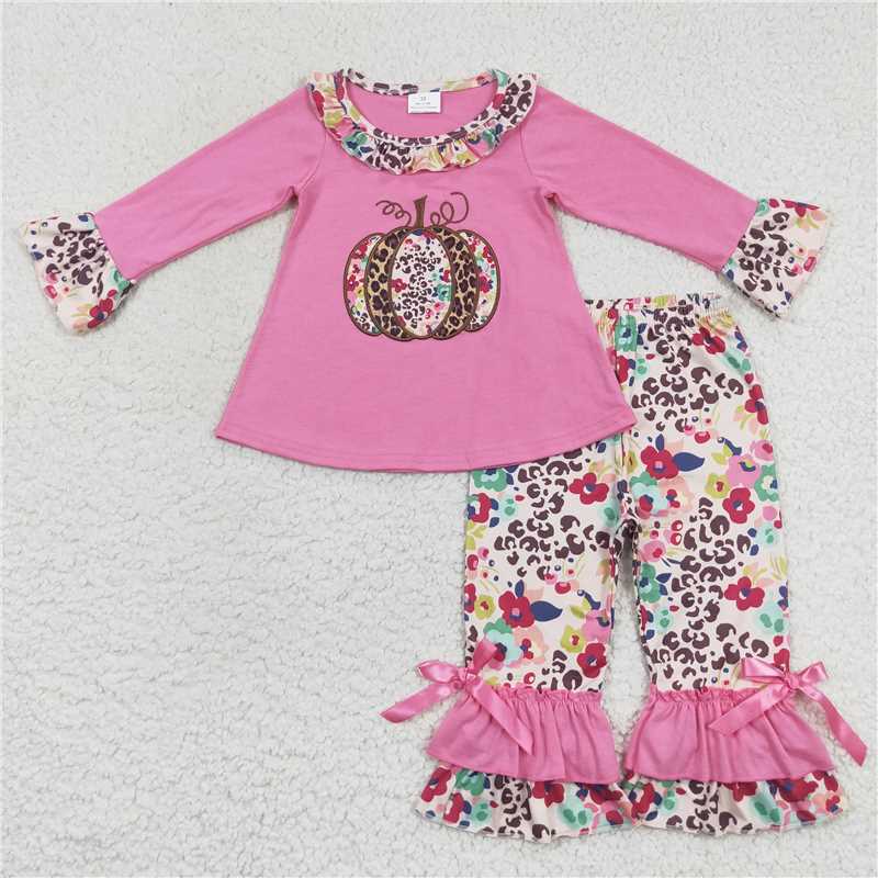 RTS NO MOQ  GLP0626 Girl's Embroidered Colorful Pumpkin Flower Rose Red Long-Sleeved Trouser Set