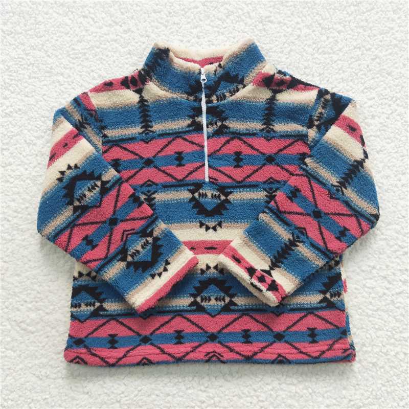 RTS NO MOQ aztec geometric red brown zip up fleece jacket BT0355