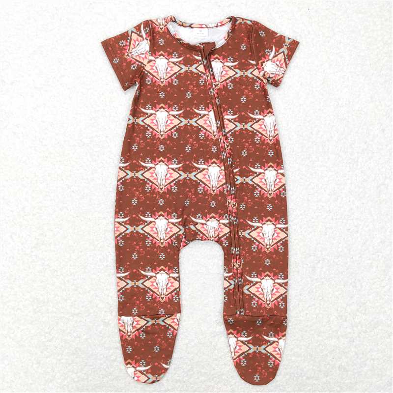 SALES  NEW  Baby Boys Western Aztec Cow Brown Short Sleeve Footie Rompers