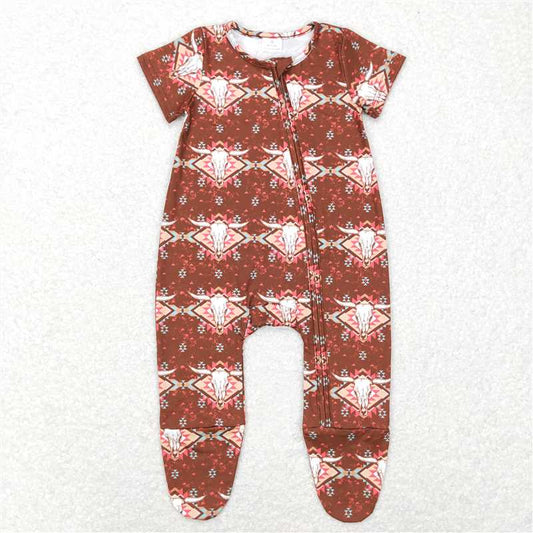 SALES  NEW  Baby Boys Western Aztec Cow Brown Short Sleeve Footie Rompers