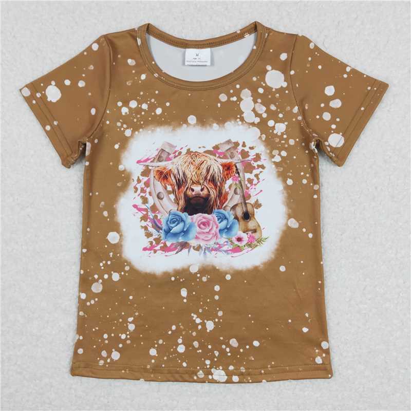 SALES NEW Baby Girls Highland Cow Flowers Short Sleeve Tee Shirt Soft Cotton Tops for Little Girls