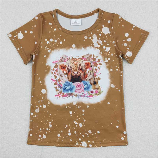 SALES NEW Baby Girls Highland Cow Flowers Short Sleeve Tee Shirt Soft Cotton Tops for Little Girls