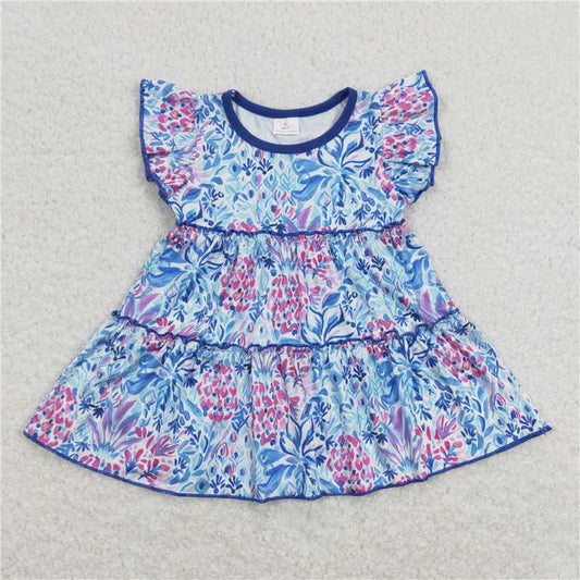 SALES NEW Baby Girls Summer Tunic Tops with Blue Flowers Flutter Sleeve Girls Summer Tops Baby Clothing Tunic Tops