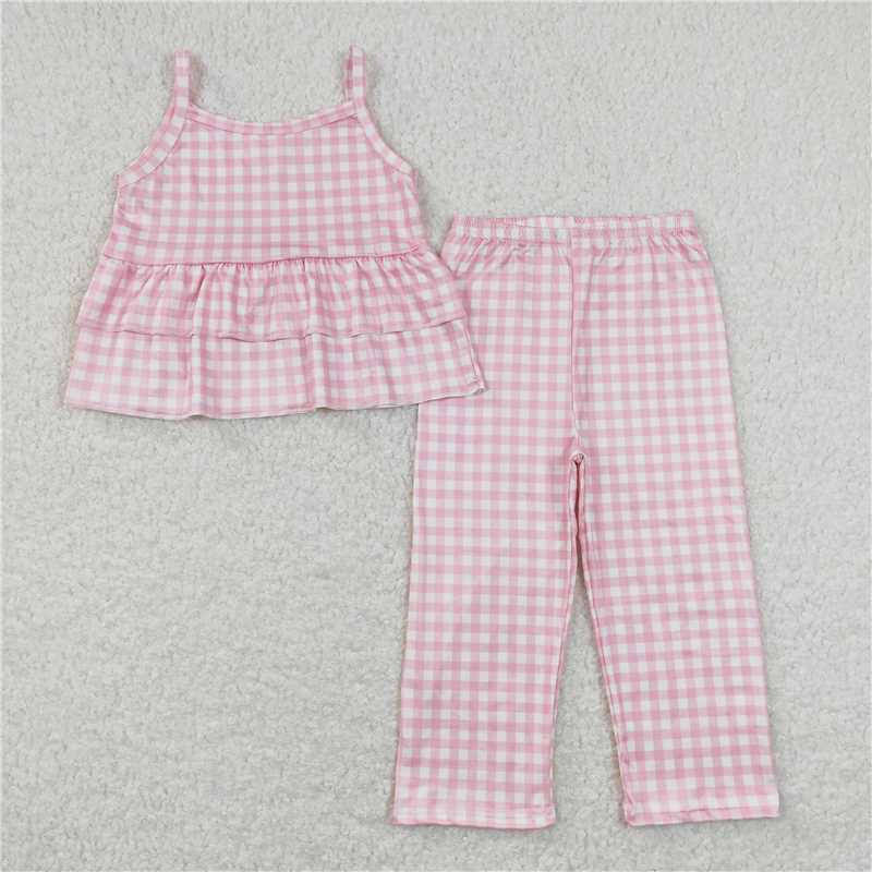 RTSGSPO1377 Orange and White Plaid Lace Suspender Pants Set