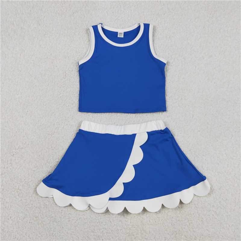 RTS NO MOQ Sibling yoga fabric cotton Baby Girls Summer Sleeveless Top Scallop Pattern Casual Sports Outfit Set