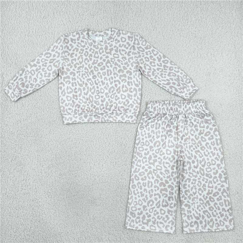 RTS NO MOQ Sibling cotton Baby Girls High Neck Solid Leopard Long Sleeve Top And Wide Leg Pant Casual Set