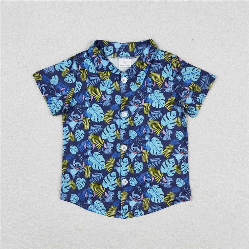 RTS NO MOQ Sibling Cute Clothes leaves blue button short-sleeved top dress