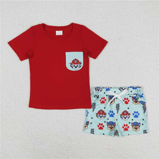 RTS NO MOQ BSSO0794 Cute Clothes Baby Boys Pocket Red Short-Sleeve T-Shirt and Green Shorts Set