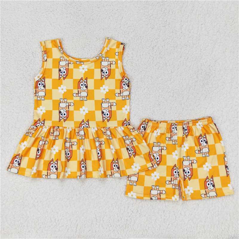 RTS NO MOQ GSSO1249 Floral Orange Plaid Sleeveless Shorts Set