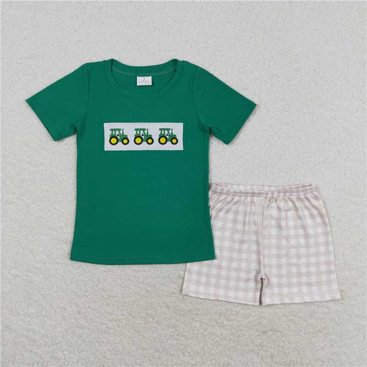 rts no moq  BSSO0809 Embroidered tractor green short-sleeved plaid shorts set