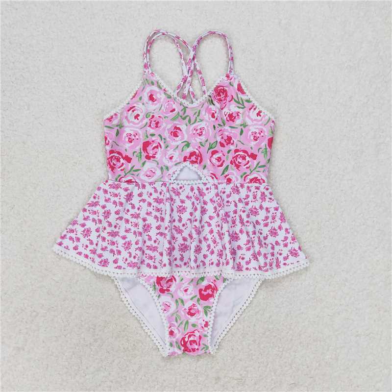 rts no moq S0247 Pink and white suspender one-piece swimsuit with floral lace