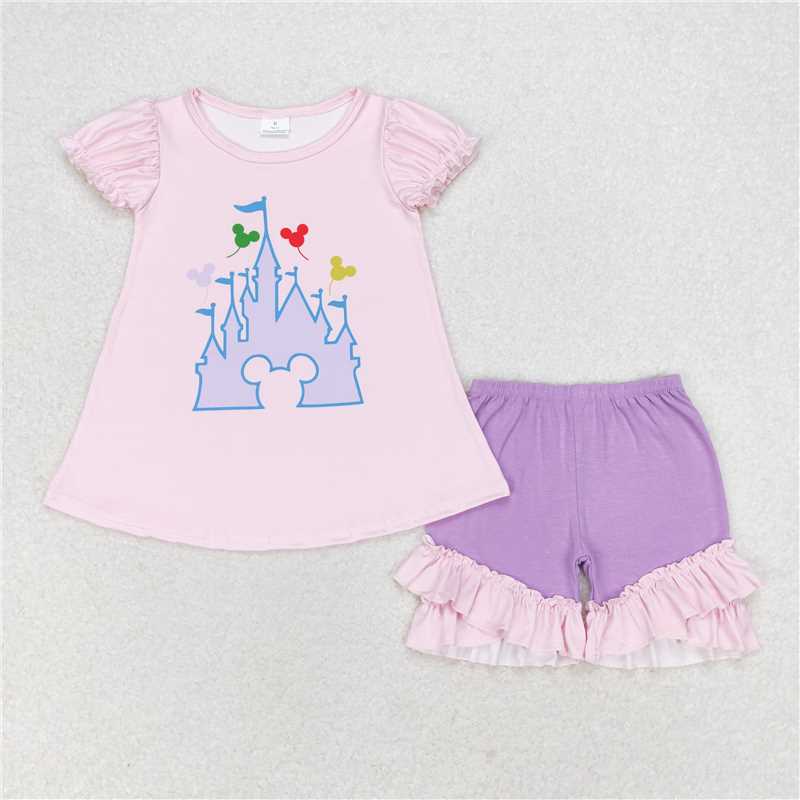 RTS no moq GSSO1185 Mickey Dream pink short-sleeve purple shorts set