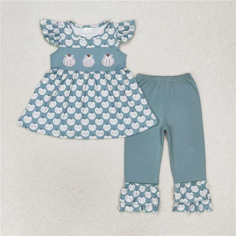 RTS NO MOQ  print  GSPO1532 Pumpkin blue flying sleeve trousers suit