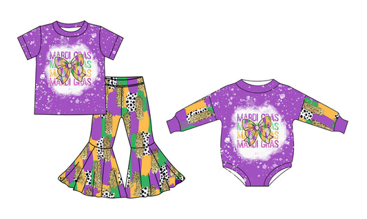 25.10.13 custom each style moq 5 eta 6-8week Sibling Sisters mardi gras bow baby girl clothes short sleeve pants sets and romper match family design