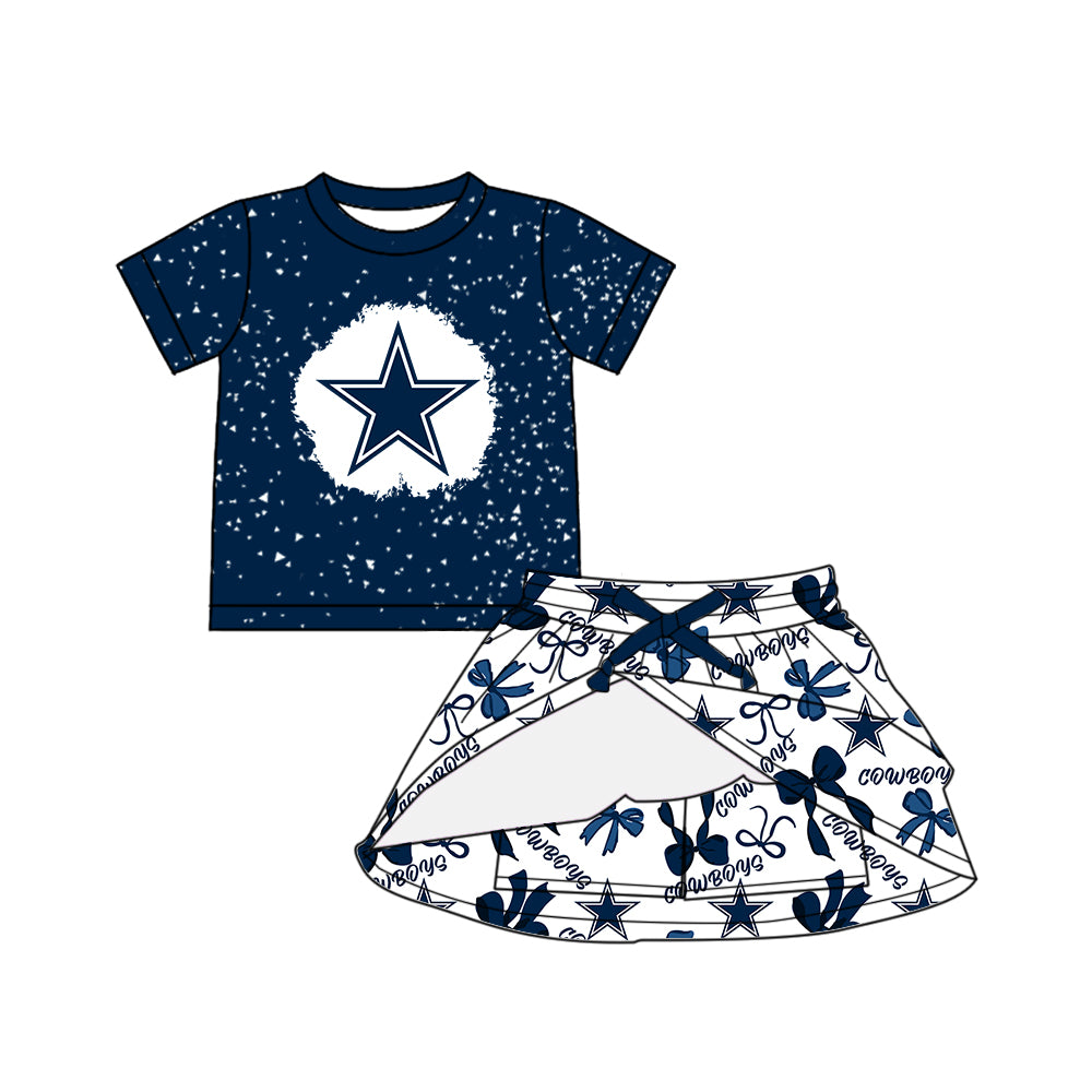 Custom moq 5 mix sizes summer teams baby girls clothes team blue short sleeve skirts shorts sets 1 and skirts sets 2 and and skirts sets 2 and dress 1 and dress 2 and dress 3 and dress 4-25.6.5