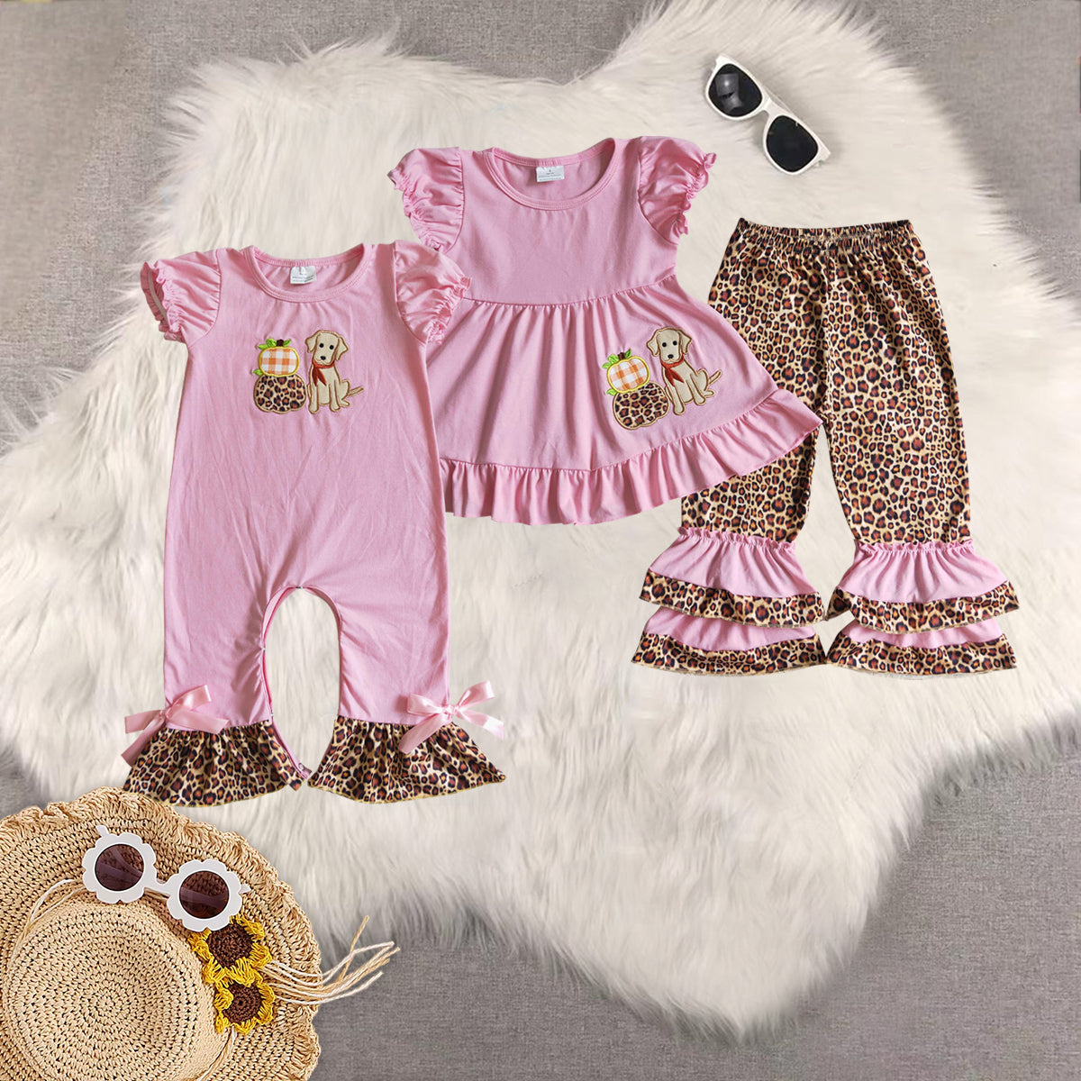 RTS NO MOQ Sibling baby girls clothes embroidery pumpkin short-sleeved trousers suit & romper