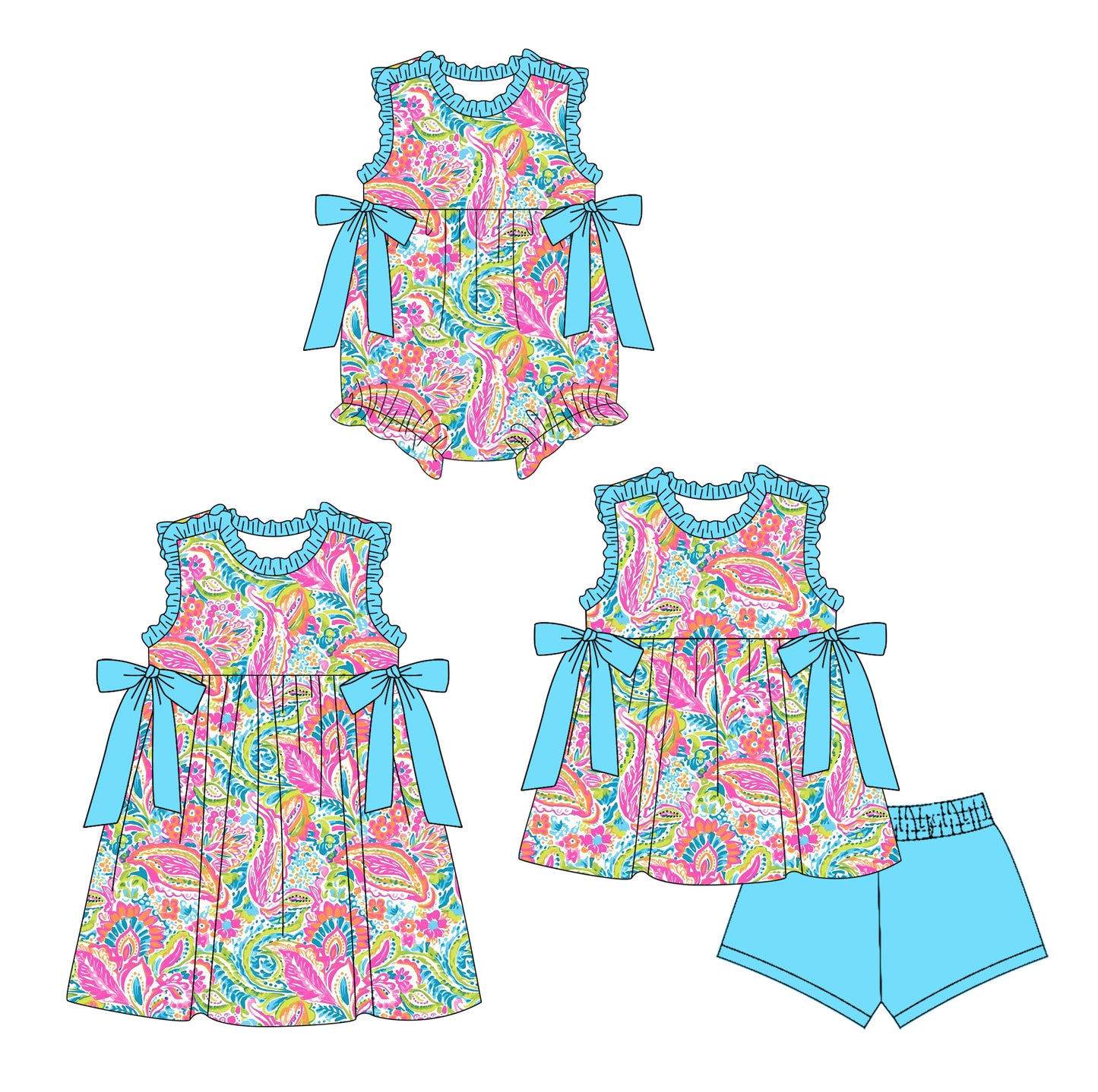 4.3 custom each style moq 5eta 4-6week Sibling Sisters floral pattern baby girl short sleeve shorts sets and dress and rompers match family design