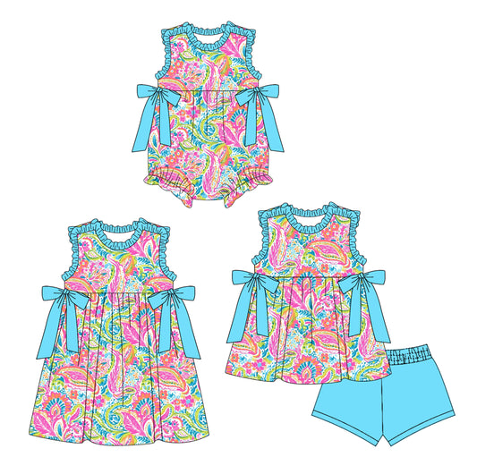 4.3 custom each style moq 5eta 4-6week Sibling Sisters floral pattern baby girl short sleeve shorts sets and dress and rompers match family design