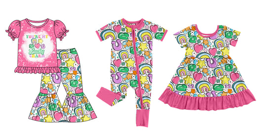 12.6 custom each style moq 5eta 4-6week Sibling Sister LUCKY baby girl sets and dress and rompers match family design