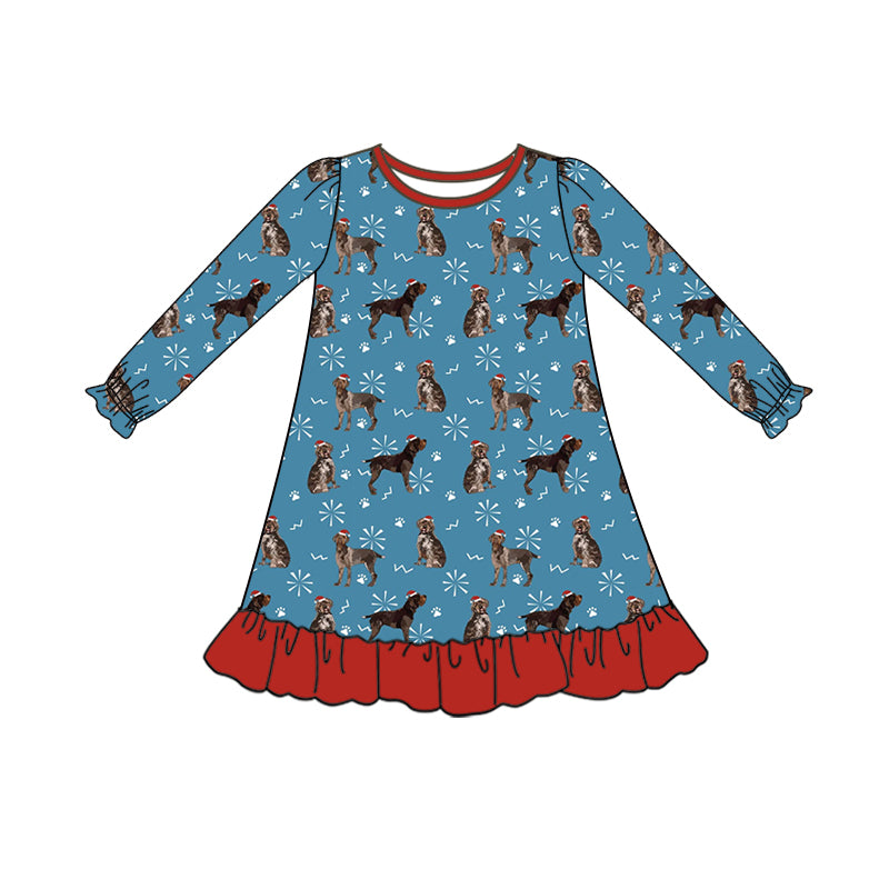 7.1 custom each style moq 5eta 4-6week Sibling Sister Christmas dog blue baby girls sets and dress and rompers match family design