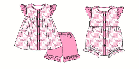 3.29 custom each style moq 5eta 4-6week Sibling Sister bow baby girl short sleeve shorts sets and romper match design