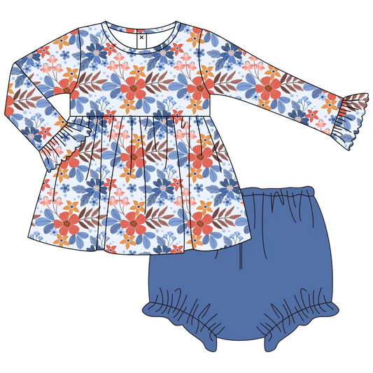 5.18custom each style moq 5eta 4-5week Sibling Sister flower print blue girls and boys outfits and briefs set match family design