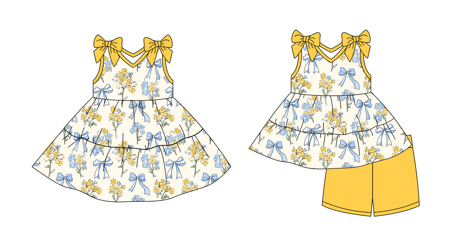 2.28 custom each style moq 5eta 4-6week Sibling Sister bow floral baby girl short sleeve shorts sets and dresses match design