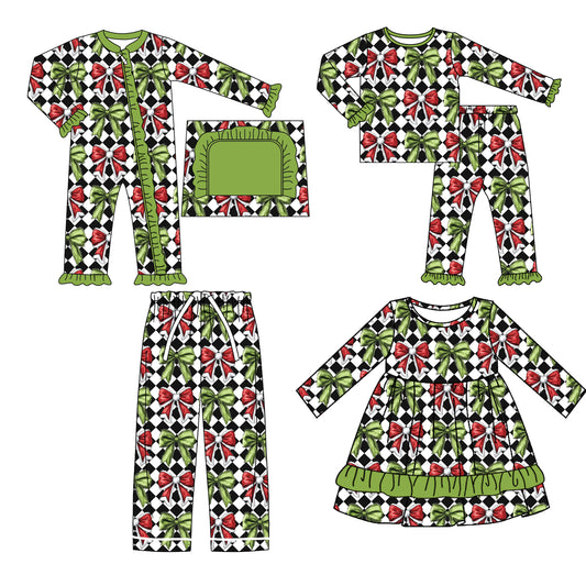 25.5.12 custom each style moq 5eta 4-6week Sibling Sisters Christmas bow green baby girl long sleeve pants sets and romper and dress and adult pants match family design