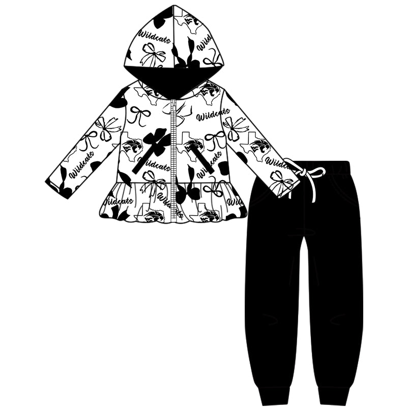 Custom moq 5 mix size milk silk summer teams baby girls clothes bow black hooded long sleeve pants sets and dress and top and hooded top and pant-25.8.13
