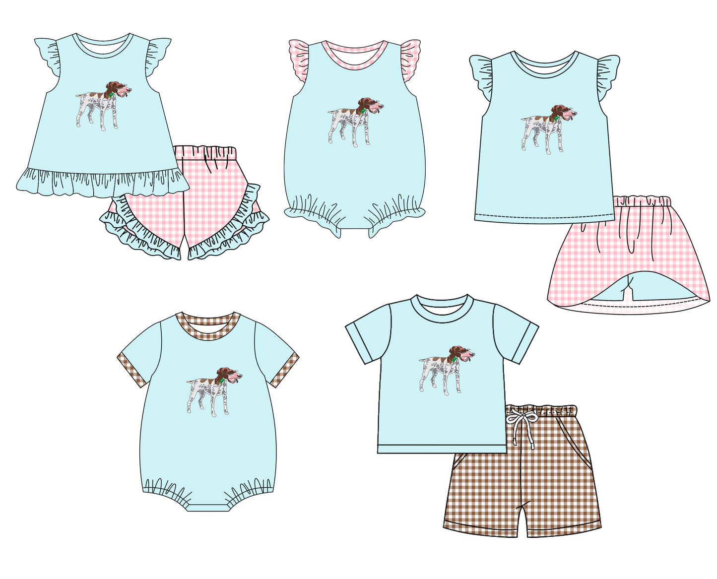 11.30 custom each style moq 5eta 4-6week Sibling Sister puppy floral baby girl short sleeve shorts sets and sets 2 and girls romper and boy romper and dress match design
