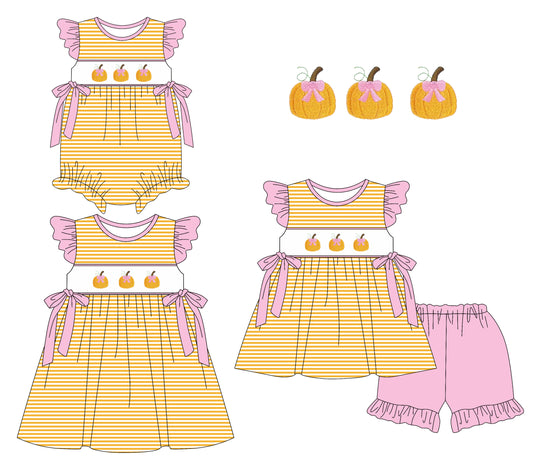 25.5.23 custom each style moq 5eta 4-6week Sibling Sisters pumpkin bow baby girl short sleeve shorts sets and dress and rompers match family design