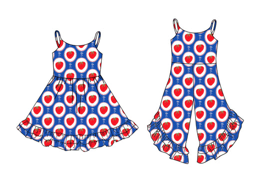 4.24 custom each style moq 5eta 4-6week Sibling Sister strawberry bow baby girl short sleeve dresses and jumpsuit match design