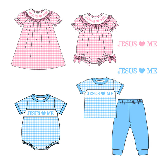25.9.25 custom each style moq 8 eta 6-8week Sibling Sister JESUS LOVE ME baby short sleeve pants sets nd romper 2 and dress match design