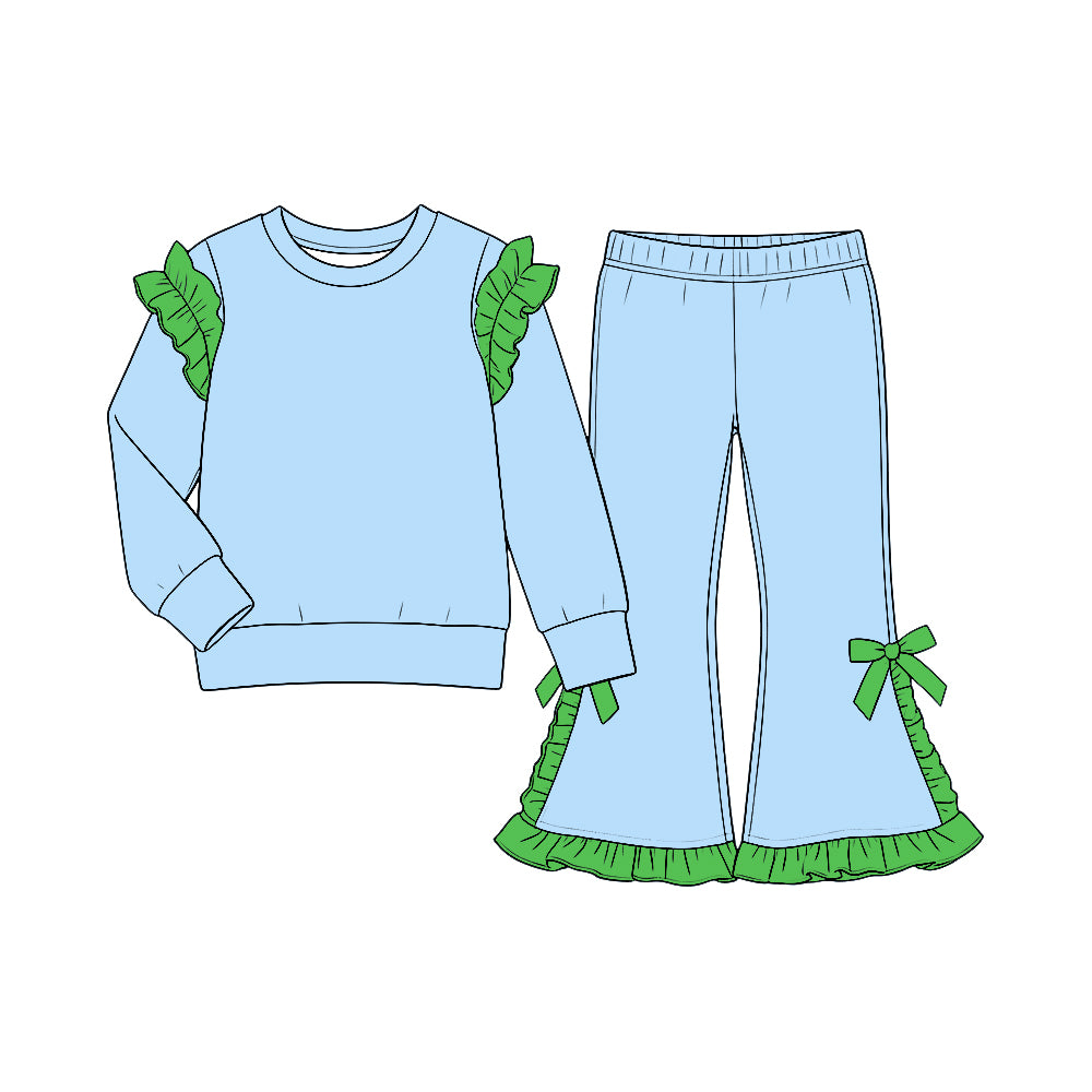 custom moq 5 mix size Baby Girls Light Blue and Green Solid Ruffle Shoulder Sweatshirt And Ruffle Hem Bow Flare Pant Set