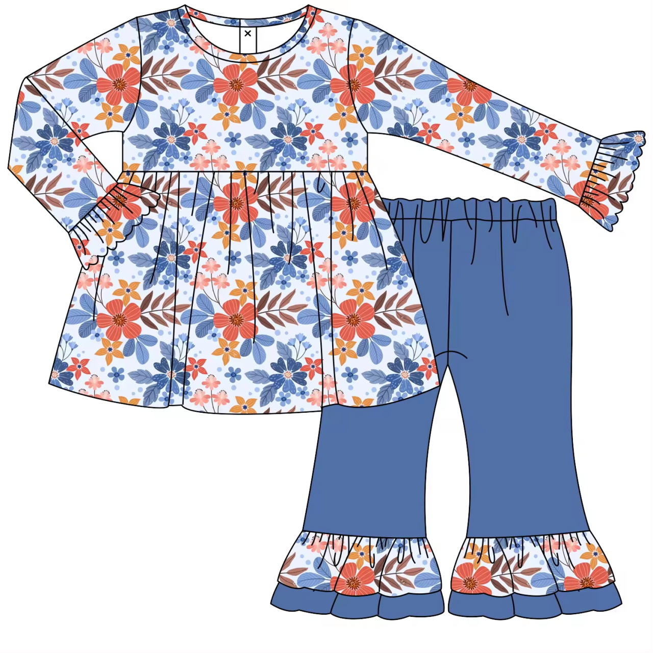 5.18custom each style moq 5eta 4-5week Sibling Sister flower print blue girls and boys outfits and briefs set match family design