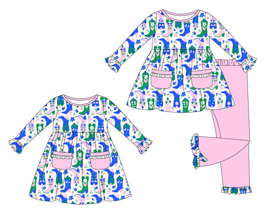 25.5.29 custom each style moq 5eta 4-6week Sibling Sisters boots blue baby girl long sleeve pants sets and dress match family design