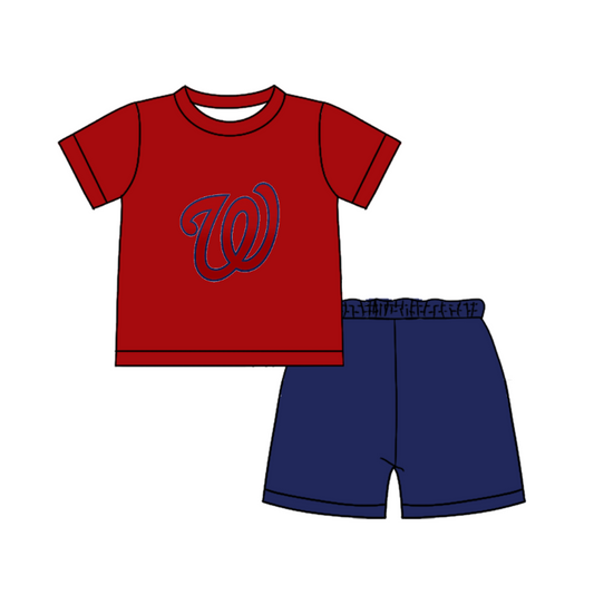 Custom moq 5 mix size milk silk summer teams Baby Boy's red  Short-Sleeved O-Neck Top And solid color Shorts Set