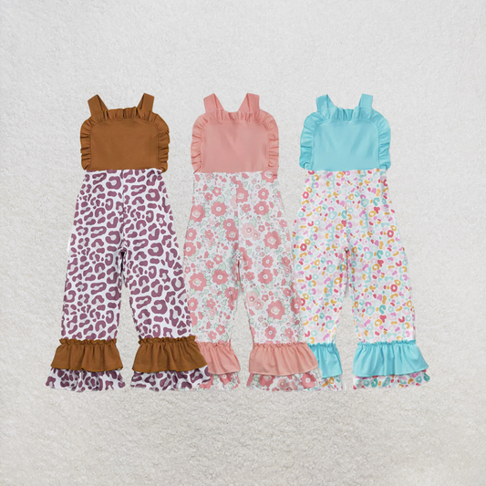 RTS NO MOQ Sibling Baby Girls Leopard Flowers Straps Ruffle Pants Summer Spring Jumpsuits