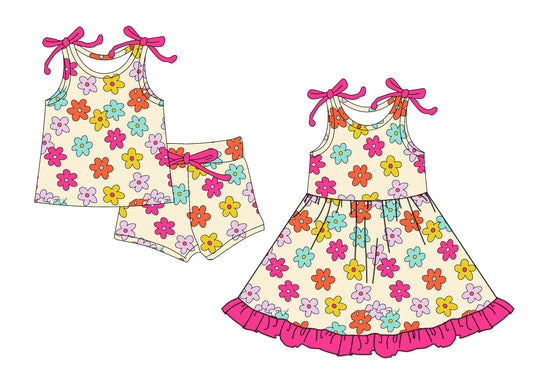 4.14 custom each style moq 5eta 4-6week Sibling Sister floral baby girl short sleeve shorts sets and dresses match design