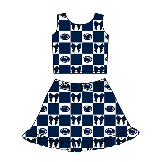 Custom moq 3 or 5 mix size milk silk summer teams baby girl clothes bow dark blue sleeveless skirts sets-26.1.23