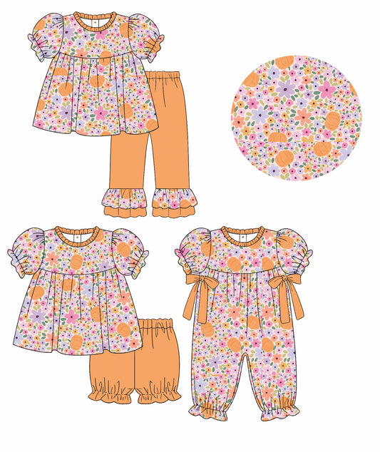 4.15  Custom moq 5 mix size Sibling Baby Girls Halloween Pumpkin Flower Short-Sleeved Top Pants Set Matching Short Sleeve Romper