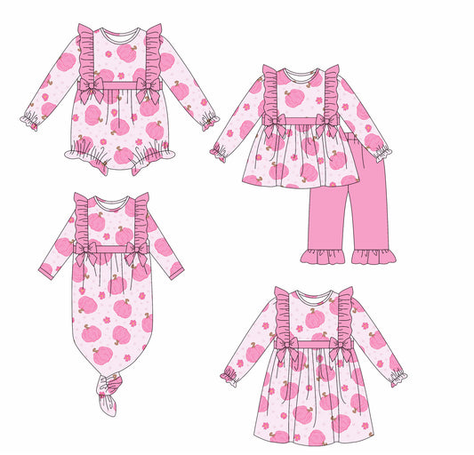 25.6.14 custom each style moq 5eta 4-6week Sibling Sisters pumpkin floral pink baby girl long sleeve pants sets and dress and rompers and nightgown match family design