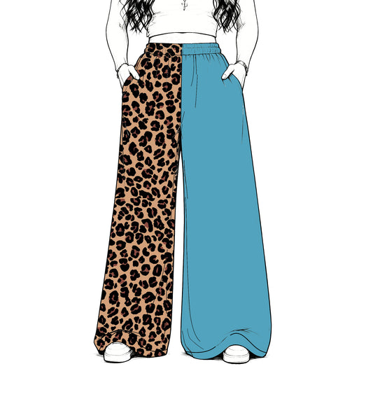 custom moq 5 mix size Baby Kids Leopard Print Teal Patchwork Team Flare Pant Casual Bottom