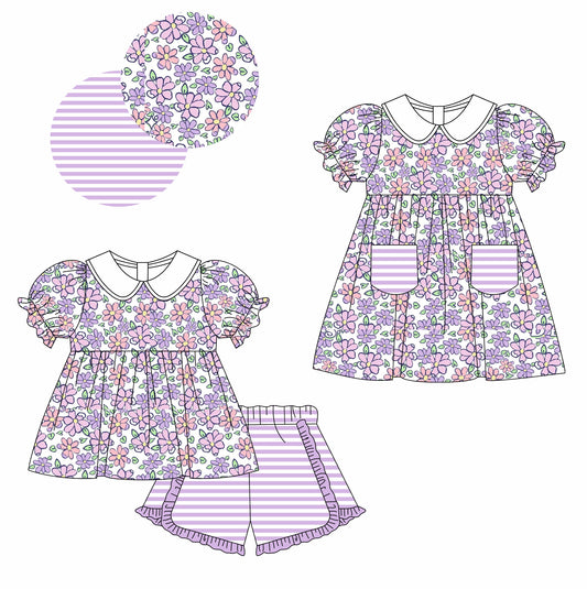 11.11 custom each style moq 5eta 4-6week Sibling Sister floral baby girl short sleeve shorts sets and dresses match design