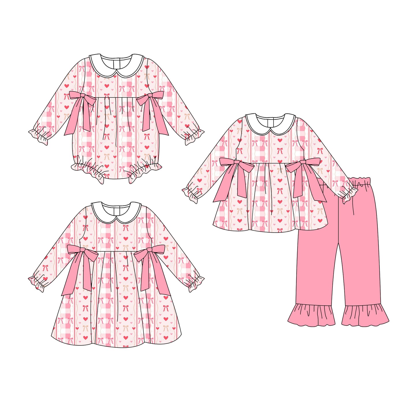 25.7.18 custom each style moq 5eta 4-6week Sibling Sisters bow love pink baby girl long sleeve pants sets and dress and rompers match family design