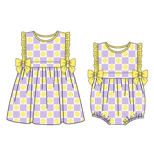 3.19 Custom moq 5 mix size Sibling Baby Girl's Checked Sleeveless  Romper Dress for Summer