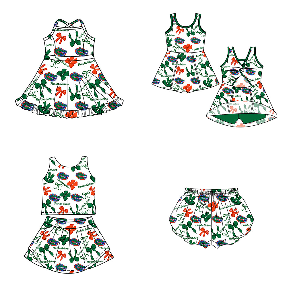 Custom moq 5 mix size milk silk summer teams Baby Girls Green Bow Vest Top Skirt Shorts Sets Sleeveless Yoga Knee Length Dresses Yoga Shorts